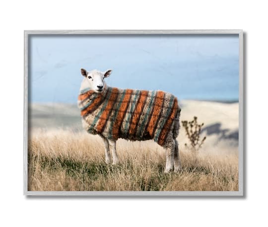 Stupell Industries Sweater Weather Sheep Animal Farm Plaid Gray Framed Wall Art